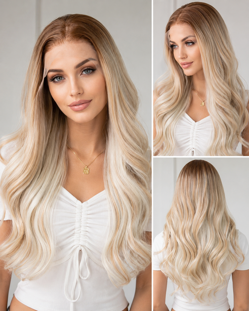 Celestina 13x4 Wavy Lace Frontal Wig in blonde with brown roots, 28 inches